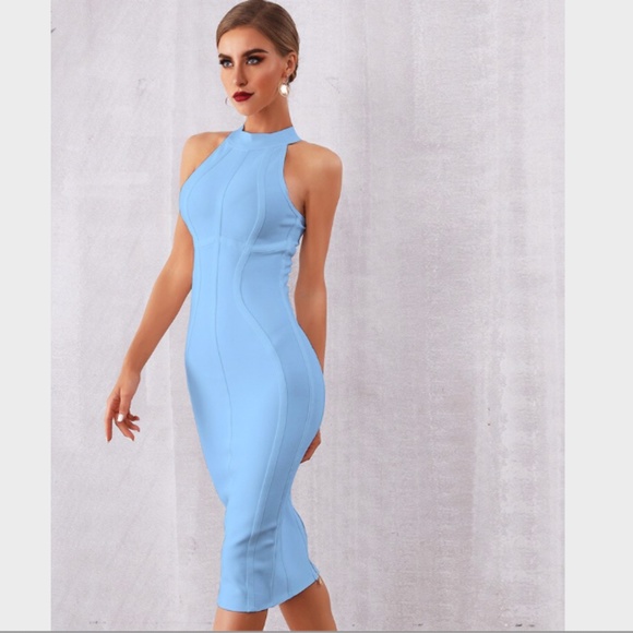 NEW! DESIGNER COUTURE LIGHT BLUE HALTER BANDAGE DRESS HIGH NECK TAILORED DRESS - Picture 1 of 11